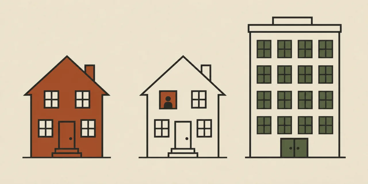 Diagram of three pictograms: a fully coloured house, a house with a single occupied window showing a figure, and an apartment block with many windows