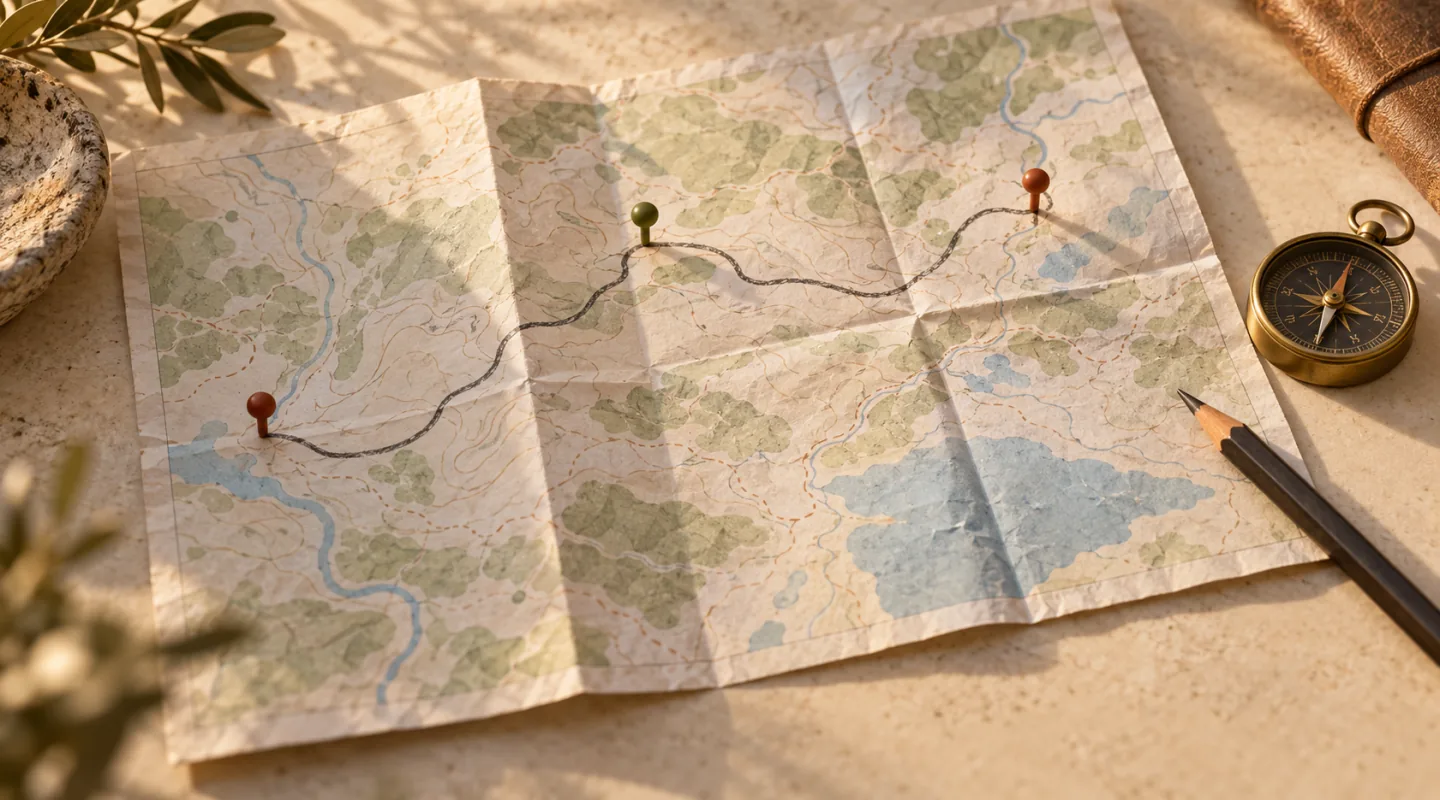 Carte imaginaire dépliée, sans inscription, où un itinéraire tracé au crayon relie trois épingles, à côté d’une boussole et d’un crayon