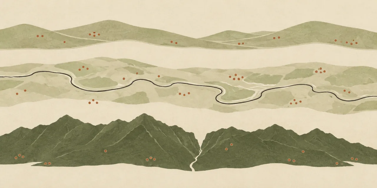 Diagram in three horizontal bands: gentle hills at the top, a valley crossed by a winding river in the middle, and a mountain range cut by a gorge at the bottom, dotted with ochre points
