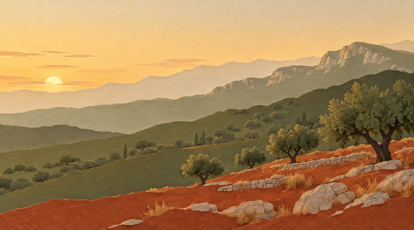 Illustration de collines plantées d’oliviers, avec murets de pierre sèche et crête calcaire au soleil couchant